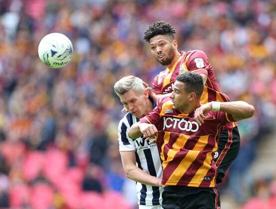 Bradford s Nathaniel Knight-Percival tussles with Millwall s Steve Morison during the League One Play-Off Final match at Wembley Stadium, London. Picture date: May 20th, 2017. Pic credit should read: David Klein Sportimage EDITORIAL USE ONLY. No use with unauthorised audio, video, data, fixture lists, club league logos or live services. Online in-match use limited to 120 images, no video emulation. No use in betting, games or single club league player publications.
