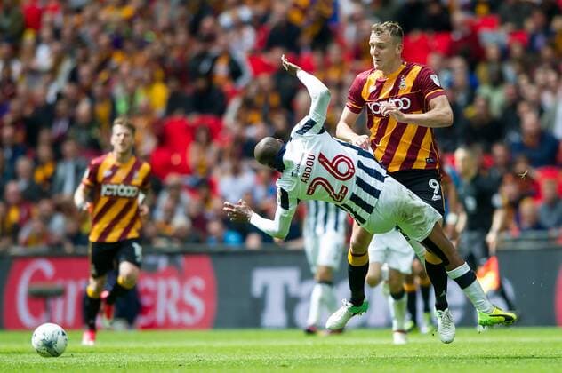 Charlie Wyke of Bradford City and Nadjim Abdou of Millwall fight for the ball during the EFL Sky Bet League 1 Play-off Final match between Bradford City and Millwall at Wembley Stadium, London, England on 20 May 2017. Photo by Salvio Calabrese. Bradford City v Millwall EFL Sky Bet League 1 Play-Off Final 20 05 2017. USP-1549-0027