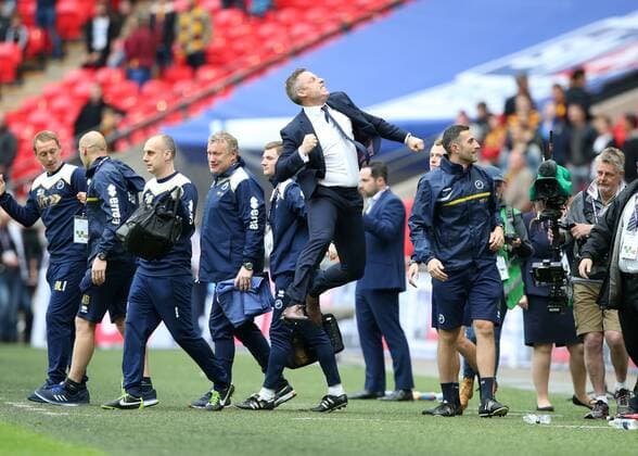 Themen der Woche - SPORT Bilder des Tages - SPORT Millwall s Neil Harris celebrates his sides win during the League One Play-Off Final match at Wembley Stadium, London. Picture date: May 20th, 2017. Pic credit should read: David Klein Sportimage EDITORIAL USE ONLY. No use with unauthorised audio, video, data, fixture lists, club league logos or live services. Online in-match use limited to 120 images, no video emulation. No use in betting, games or single club league player publications.