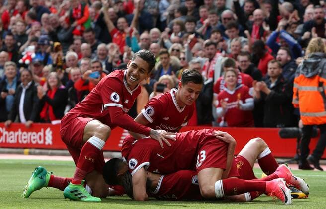 May 21st 2017, Anfield, Liverpool, Merseyside; EPL Premier league football, Liverpool versus Middlesbrough; Roberto Firmino, Philippe Coutinho, Emre Can and Adam Lallana of Liverpool celebrate their team s 3-0 lead xDavidxBlunsdenx  ActionPlus11882201