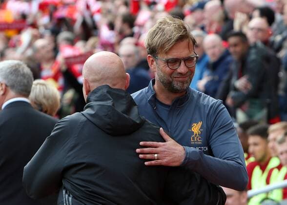 May 21st 2017, Anfield, Liverpool, Merseyside; EPL Premier league football, Liverpool versus Middlesbrough; Jurgen Klopp, Liverpool manager greets Steve Agnew, manager of Middlesbrough xDavidxBlunsdenx  ActionPlus11882274