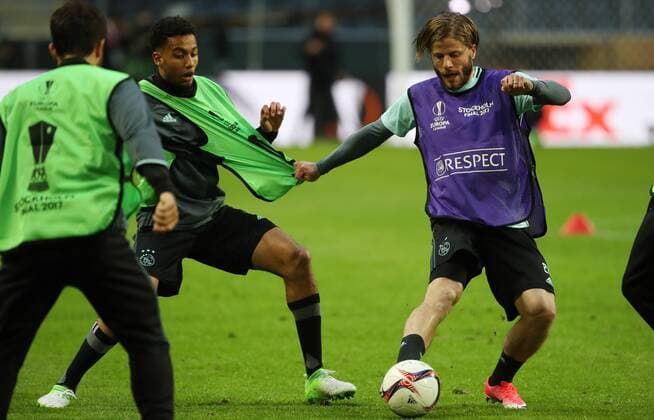 SOCCER - UEFA EL, Ajax vs Manchester SOLNA,SWEDEN,23.MAY.17 - SOCCER - UEFA Europa League, final, Ajax Amsterdam vs Manchester United ManU preview, final training Ajax. Image shows Kenny Tete and Kasper Dolberg (Ajax). GEPAxpictures xAndreasxPranter