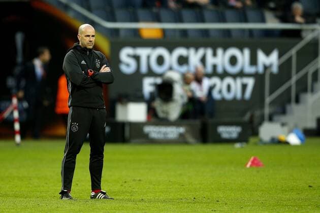 Ajax Manager Peter Bosz watches his players train ahead of the UEFA Europa League Final at the Friends Arena, Stockholm. Picture date: May 23rd, 2017. Pic credit should read: Matt McNulty Sportimage EDITORIAL USE ONLY. No use with unauthorised audio, video, data, fixture lists, club league logos or live services. Online in-match use limited to 120 images, no video emulation. No use in betting, games or single club league player publications.