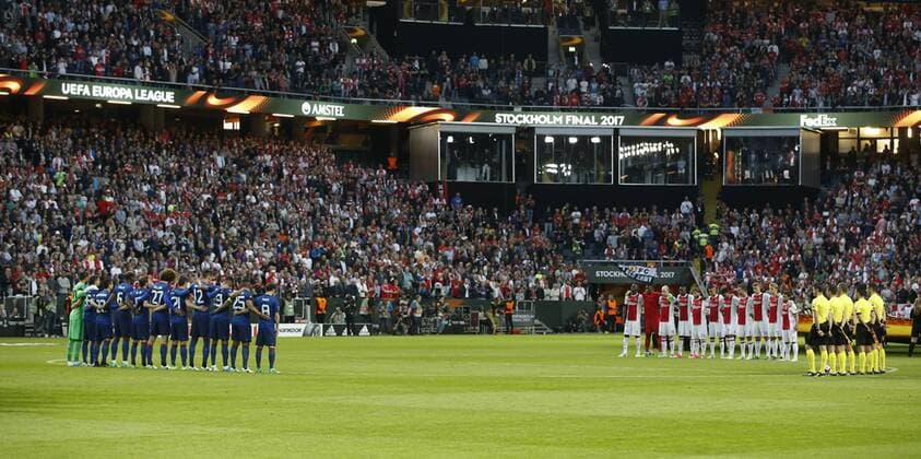 Manchester United ManU and Ajax hold a minutes silence in recognition of those who have suffered at the hands of Terrorists in Manchester during the UEFA Europa League Final match at the Friends Arena, Stockholm. Picture date: May 24th, 2017.Picture credit should read: Matt McNulty Sportimage EDITORIAL USE ONLY. No use with unauthorised audio, video, data, fixture lists, club league logos or live services. Online in-match use limited to 120 images, no video emulation. No use in betting, games or single club league player publications.