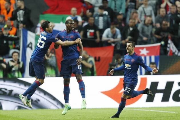 Paul Pogba of Manchester United ManU Daley Blind of Manchester United, Henrikh Mkhitaryan of Manchester Unitedduring the UEFA Europa League final match between Ajax Amsterdam and Manchester United at the Friends Arena on May 24, 2017 in Stockholm, Sweden Ajax v Manchester United UEFA Europa League 2016 2017 xVIxVIxImagesx xMauricexvanxSteenxIVx 7861529