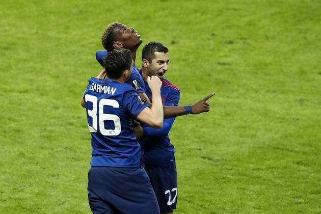 170524 Manchester Uniteds Matteo Darmian och Henrikh Mkhitaryan jublar med malskytten till 1-0 Paul Pogba under finalen i Europa League mellan Ajax och Manchester United ManU den 24 maj 2017 i Stockholm.  Copyright: ANDREASxLxERIKSSON BB170524AE050