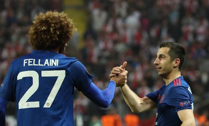 SOCCER - UEFA EL, Ajax vs Manchester SOLNA,SWEDEN,24.MAY.17 - SOCCER - UEFA Europa League, final, Ajax Amsterdam vs Manchester United ManU Image shows the rejoicing of Marouane Fellaini and Henrikh Mkhitaryan (Manchester). GEPAxpictures xAndreasxPranter