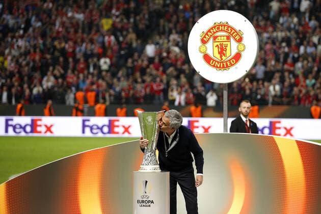 Manchester United ManU manager Jose Mourinho kisses the trophy after the UEFA Europa League Final match at the Friends Arena, Stockholm. Picture date: May 24th, 2017.Picture credit should read: Matt McNulty Sportimage EDITORIAL USE ONLY. No use with unauthorised audio, video, data, fixture lists, club league logos or live services. Online in-match use limited to 120 images, no video emulation. No use in betting, games or single club league player publications.