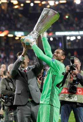 May 24th 2017, Friends Arena, Stockholm, Sweden; UEFA Europa League Cup Final, Manchester United ManU versus Ajax Amsterdam; Goalkeeper Sergio Romero (man) celebrates the win with the trophy xLaurentxLairysx  ActionPlus11883240