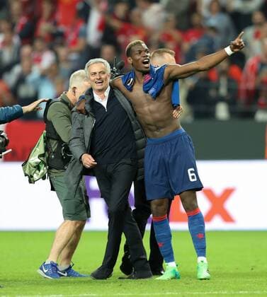 May 24, 2017 - Stockholm, Sweden - Jose Mourinho, Manager of Manchester United ManU and Paul Pogba celebrate victory following the UEFA Europa League Final between Ajax and Manchester United at Friends Arena on May 24, 2017 in Stockholm, Sweden. Ajax v Manchester United - UEFA Europa League Final  - ZUMAn230 20170524_zaa_n230_376 Copyright: xRaddadxJebarahx