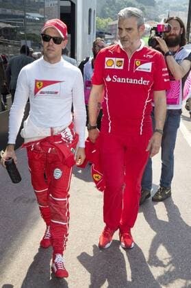 Monaco, Monte Carlo - May 25, 2017: FIA Formula One World Championship WM Weltmeisterschaft Maurizio Arrivabene and Sebastian Vettel, Scuderia Ferrari Monaco F1 Grand Prix 2017, Maurizio Arrivabene and Sebastian Vettel