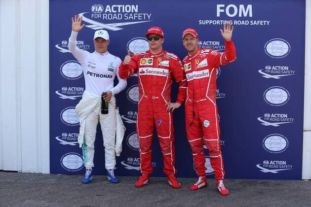 die ersten drei von links Valtteri Bottas (Mercedes AMG Petronas Formula One Team), Kimi Raikkoenen (Scuderia Ferrari), Sebastian Vettel (Scuderia Ferrari), Grosser Preis von Monaco 2017, Motorsport, Formel 1, Qualifikation, 27.05.2017, Monte Carlo Copyright: xAndre Eibner-Pressefotox EP_JAE