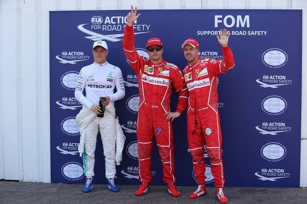 die ersten drei von links Valtteri Bottas (Mercedes AMG Petronas Formula One Team), Kimi Raikkoenen (Scuderia Ferrari), Sebastian Vettel (Scuderia Ferrari), Grosser Preis von Monaco 2017, Motorsport, Formel 1, Qualifikation, 27.05.2017, Monte Carlo Copyright: xAndre Eibner-Pressefotox EP_JAE