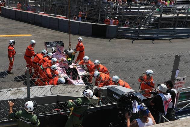 May 27th 2017, Monaco; F1 Grand Prix of Monaco Friday qualifying sessions day; Esteban Ocon - Sahara Force India VJM10 crashed in Practice 3 xLeannexBoonx  ActionPlus11883960