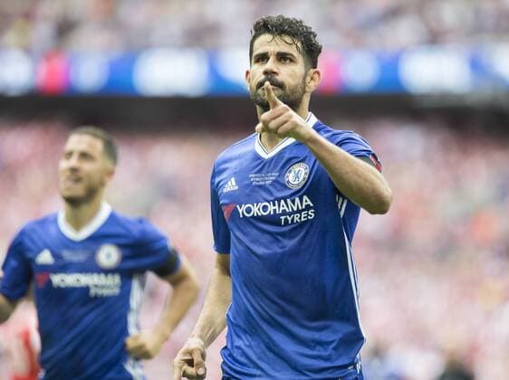 May 27th 2017, Wembley Stadium, London England; FA Cup Final, Arsenal versus Chelsea FC; Diego Costa of Chelsea celebrates after equalising in the 76th minute (1-1) by pointing his finger to the Chelsea supporters xRolandxHarrisonx  ActionPlus11884468