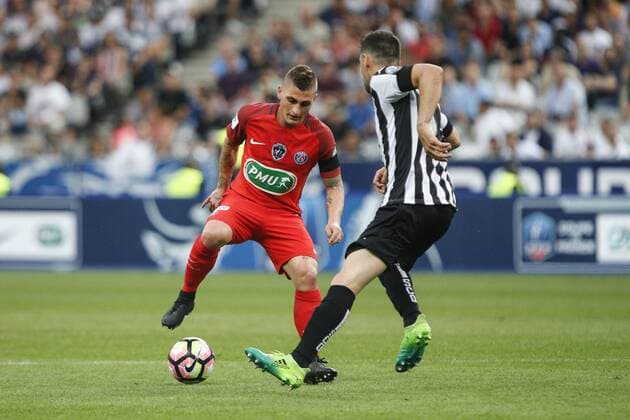 May 27, 2017 - Saint-Denis, Paris, France - Paris Saint-Germain s Italian midfielder Marco Verratti (L) vies with an Anger player during the French Cup final football match between Paris Saint-Germain (PSG) and Angers (SCO) on May 27, 2017, at the Stade de France in Saint-Denis, north of Paris. Paris Saint-Germain v Angers - French Cup Final  - ZUMAn230 20170527_zaa_n230_503 Copyright: xGeoffroyxVanxDerxHasseltx