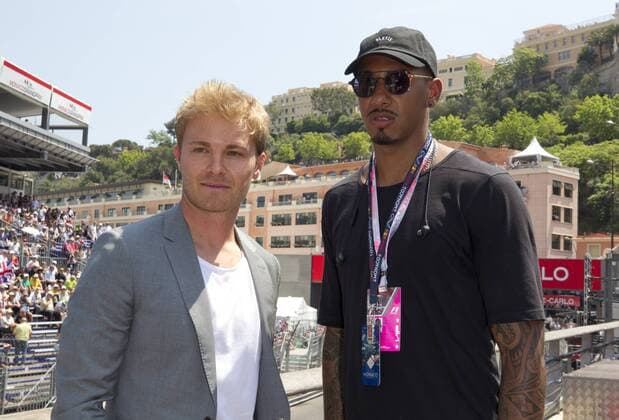 Monaco, Monte Carlo - May 28, 2017: FIA Formula One World Championship WM Weltmeisterschaft Monaco F1 Grand Prix, Nico Rosberg and Jerome Boateng Monaco F1 Grand Prix 2017, Nico Rosberg and Jerome Boateng