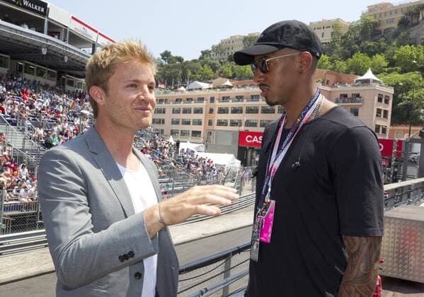 Monaco, Monte Carlo - May 28, 2017: FIA Formula One World Championship WM Weltmeisterschaft Monaco F1 Grand Prix, Nico Rosberg and Jerome Boateng Monaco F1 Grand Prix 2017, Nico Rosberg and Jerome Boateng