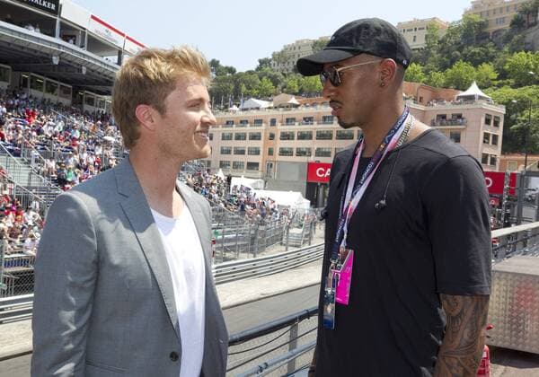 Monaco, Monte Carlo - May 28, 2017: FIA Formula One World Championship WM Weltmeisterschaft Monaco F1 Grand Prix, Nico Rosberg and Jerome Boateng Monaco F1 Grand Prix 2017, Nico Rosberg and Jerome Boateng
