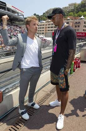 Monaco, Monte Carlo - May 28, 2017: FIA Formula One World Championship WM Weltmeisterschaft Monaco F1 Grand Prix, Nico Rosberg and Jerome Boateng Monaco F1 Grand Prix 2017, Nico Rosberg and Jerome Boateng