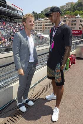 Monaco, Monte Carlo - May 28, 2017: FIA Formula One World Championship WM Weltmeisterschaft Monaco F1 Grand Prix, Nico Rosberg and Jerome Boateng Monaco F1 Grand Prix 2017, Nico Rosberg and Jerome Boateng