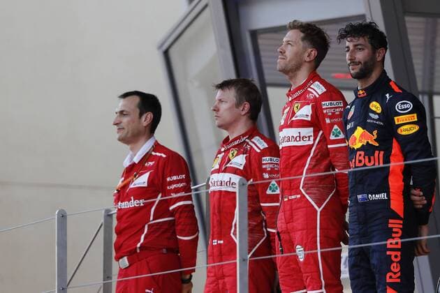May 28, 2017 - Monte Carlo, Monaco - (Left to Right) KIMI RAIKKONEN of Finland and Scuderia Ferrari, SEBASTIAN VETTEL of Germany and Scuderia Ferrari and DANIEL RICCIARDO of Australia and Red Bull Racing are seen on the podium of the 2017 Formula 1 Monaco Grand Prix in Monte Carlo, Monaco. F1 2017 - Monaco Grand Prix - ZUMAg147 20170528_zap_g147_006 Copyright: xJamesxGasperottix