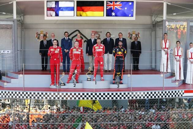 Podium mit Ricardo Adami, Kimi Raikkoenen (Scuderia Ferrari), Sebastian Vettel (Scuderia Ferrari), Daniel Ricciardo (Red Bull Racing), Grosser Preis von Monaco 2017, Rennen, Motorsport, Formel 1, 28.05.2017, Monaco Copyright: xAndre Eibner-Pressefotox EP_JAE