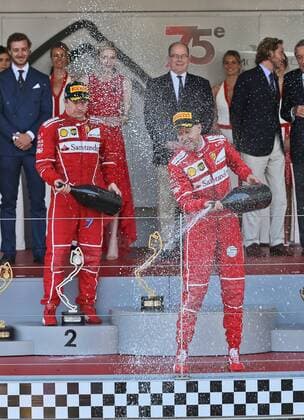 Sebastian Vettel (Scuderia Ferrari) jubelt mit Champagner, Grosser Preis von Monaco 2017, Rennen, Motorsport, Formel 1, 28.05.2017, Monaco Copyright: xAndre Eibner-Pressefotox EP_JAE
