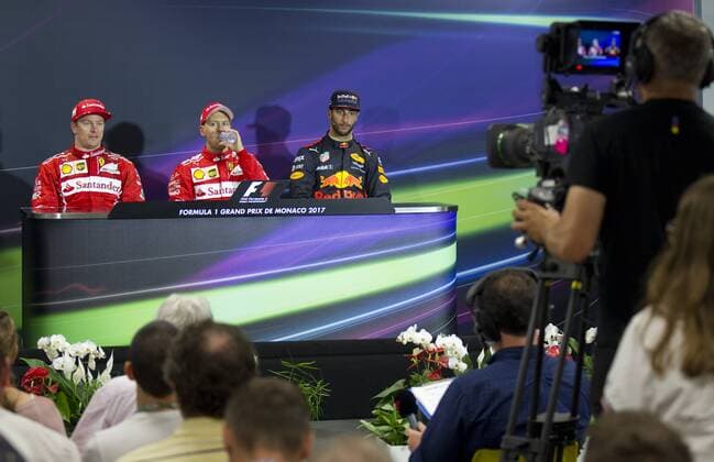 Monaco, Monte Carlo - May 28, 2017: FIA Formula One World Championship WM Weltmeisterschaft Monaco F1 Grand Prix, Winner Sebastian Vettel, Second Kimi Raikkonen, third Daniel Ricciardo Monaco F1 Grand Prix 2017, Winner press conference PK Pressekonferenz
