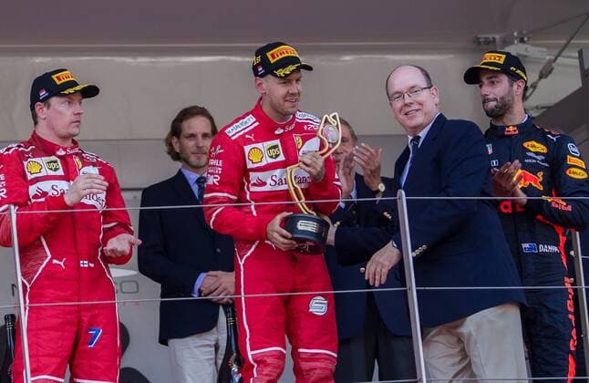 May 28, 2017 - Monte-Carlo, Monaco - Albert II, the Prince of Monaco gives the trophy to Sebastian Vettel aftre he won the race on Formula 1 Grand Prix de Monaco on May 28, 2017 in Monte Carlo, Monaco. F1 Grand Prix of Monaco  - ZUMAn230 20170528_zaa_n230_187 Copyright: xRobertxSzaniszlox