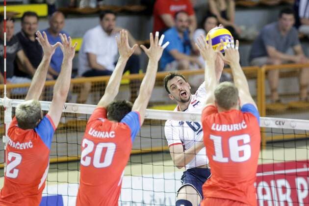 PXL_2018 FIVB Volleyball Men s World Championship WM Weltmeisterschaft qualification, Croatia vs. Serbia 28.05.2017., Zagreb, Croatia - 2018 FIVB Volleyball World Championship - Men European Qualification, 5th Round, Group E, Croatia vs. Serbia. Ivan Raic, Srecko Lisinac, Drazen Luburic.  LukaxStanzl PIXSELL