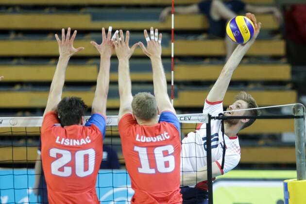 PXL_2018 FIVB Volleyball Men s World Championship WM Weltmeisterschaft qualification, Croatia vs. Serbia 28.05.2017., Zagreb, Croatia - 2018 FIVB Volleyball World Championship - Men European Qualification, 5th Round, Group E, Croatia vs. Serbia. Filip Sestan, Srecko Lisinac, Drazen Luburic.  LukaxStanzl PIXSELL