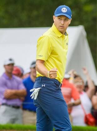 May 28, 2017 - Fort Worth, TX, USA - Jordan Spieth reacts after making a birdie on the 5th hole during the final round of the Dean & DeLuca Invitational golf tournament on Sunday, May 28, 2017 at Colonial Country Club in Fort Worth, Texas. Dean & DeLuca Invitational golf tournament - Round 4 - ZUMAm67_ 20170528_zaf_m67_070 Copyright: xRayxCarlinx