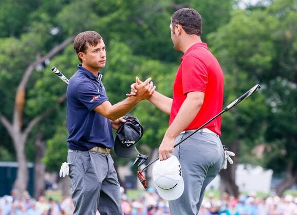 May 28, 2017 - Fort Worth, TX, USA - Kevin Kisner shakes the hand of Jon Rahm on the 18th green during the final round of the Dean & DeLuca Invitational golf tournament on Sunday, May 28, 2017 at Colonial Country Club in Fort Worth, Texas. Dean & DeLuca Invitational golf tournament - Round 4 - ZUMAm67_ 20170528_zaf_m67_082 Copyright: xRayxCarlinx