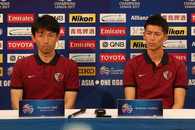 Head coach Masatada Ishii and Shuto Yamamoto of Japan s Kashima Antlers attend a press conference PK Pressekonferenz ahead of the second Round of 16 match against China s Guangzhou Evergrande during the 2017 AFC Champions League in Kashima, Japan, 29 May 2017. Masatada Ishii leads Kashima Antlers in swing for second Round of 16 match at AFC Champions League  scr104467