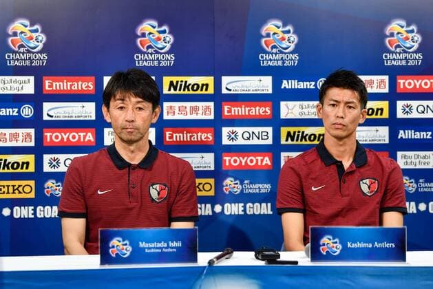 Head coach Masatada Ishii and Shuto Yamamoto of Japan s Kashima Antlers attend a press conference PK Pressekonferenz ahead of the second Round of 16 match against China s Guangzhou Evergrande during the 2017 AFC Champions League in Kashima, Japan, 29 May 2017. Masatada Ishii leads Kashima Antlers in swing for second Round of 16 match at AFC Champions League  20170529_31056