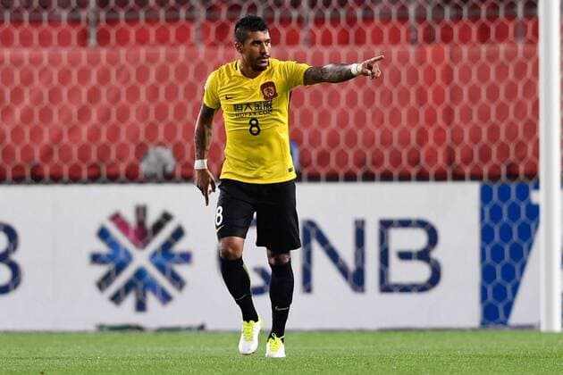 Brazilian football player Paulinho of China s Guangzhou Evergrande celebrates after scoring a goal against Japan s Kashima Antlers before their second Round of 16 match during the 2017 AFC Champions League in Kashima, Japan, 30 May 2017. Kashima Antlers defeats Guangzhou Evergrande in second Round of 16 match at AFC Champions League  20170530_06884
