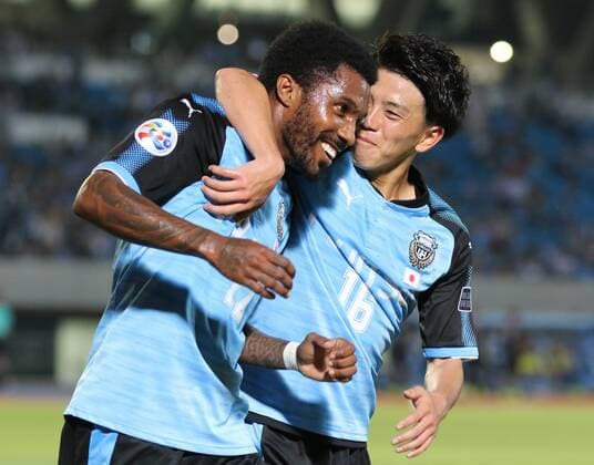 May 30, 2017, Kawasaki, Japan - Japan s Kawasaki Frontale Rhayner (L) is celebrated from his teammate Tatsuya Hasegawa after he scored a goal against Thailand s Muangthong United during the AFC Champions League round 16 match at the Todoroki stadium in Kawasaki, suburban Tokyo on Tuesday, May 30, 2017. Kawasaki defeated Muangthong 4-1. Noxthirdxpartyxsales  (lwxa010916)