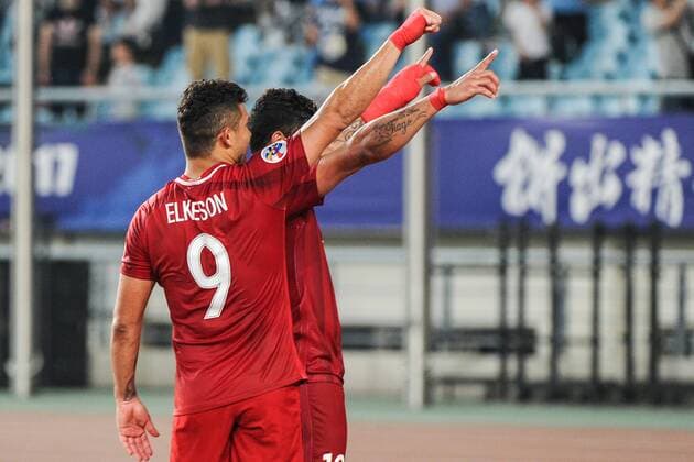 Brazilian football player Givanildo Vieira de Sousa, better known as Hulk, right, and his teammate Brazilian football player Elkeson of Shanghai SIPG celebrate after scoring a goal against Jiangsu Suning during their second Round of 16 match of the AFC Champion League 2017 in Nanjing city, east China s Jiangsu province, 31 May 2017. Jiangsu Suning was defeated by Shanghai SIPG 2-3. Hulk and Elkeson help Shanghai SIPG beat Jiangsu Suning in second Round of 16 at AFC Champions League  20170531_31724
