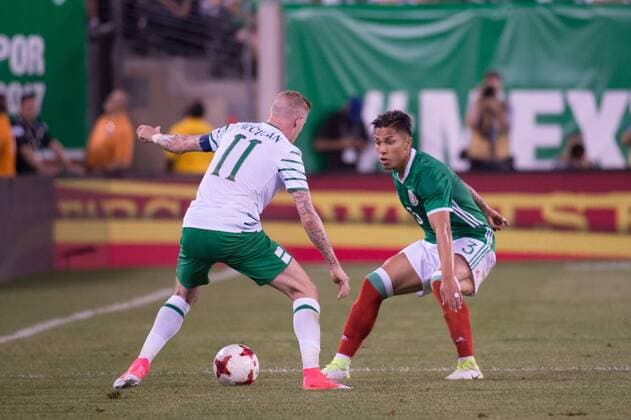 June 1, 2017 - East Rutherford, New Jersey, U.S - Republic of Ireland midfielder JAMES MCCLEAN (11) attempts to dribble the ball past Mexico defender CARLOS SALCEDO (3) during an International Friendly Länderspiel match at Met Life Stadium in East Rutherford, NJ Mexico defeats Republic of Ireland 3 to 1. Soccer 2017 - Mexico defeats Republic of Ireland 3 to 1 - ZUMAs192 20170601_zap_s192_021 Copyright: xMarkxSmithx