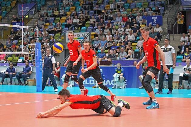 04.06.2017, xilx, Volleyball Herren, FIVB World League 2017 in Frankfurt, Deutschland - Venezuela, emspor v.l. Ruben Schott (Germany, Deutschland), Simon Hirsch (Germany, Deutschland), Jan Zimmermann (Germany, Deutschland), Tobias Krick (Germany, Deutschland) Frankfurt