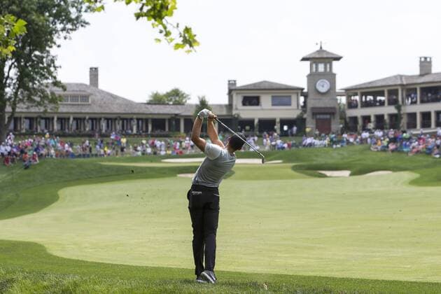 DUBLIN, OH - JUNE 04: PGA Golf Herren golfer Patrick Rodgers hits his second shot on the 18th hole during the Memorial Tournament - Final Round on June 4, 2017 at Muirfield Village Golf Club in Dublin, Ohio (Photo by Khris Hale Icon Sportswire) GOLF: JUN 04 PGA - the Memorial Tournament - Final Round Icon170604059 EDITORIAL USE ONLY