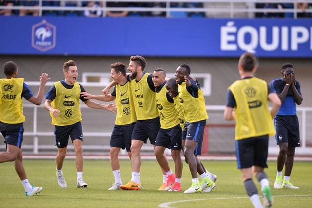 Lucas Digne - Florent Thauvin - Olivier Giroud - Dimitri Payet - Blaise Matuidi - Samuel Umtiti FOOTBALL : Entrainement Equipe de France - Clairefontaine - 05 06 2017 AnthonyBIBARD FEP Panoramic 