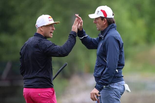 GOLF - PGA Golf Herren Lyoness Open 2017 ATZENBRUGG,AUSTRIA,07.JUN.17 - GOLF - PGA European Tour, Lyoness Open, Diamond Country Club, ProAm, afternoon. Image shows the rejoicing of Senad Grosic and Markus Prock. GEPAxpictures xChristianxWalgram