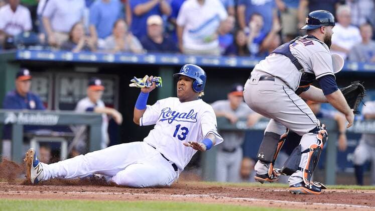 June 7, 2017 - Kansas City, MO, USA - The Kansas City Royals Salvador Perez scores behind Houston Astros catcher Brian McCann on a double by Cheslor Cuthbert in the second inning at Kauffman Stadium in Kansas City, Mo., on Wednesday, June 7, 2017. Houston at Kansas City - ZUMAm67_ 20170607_zaf_m67_042 Copyright: xJohnxSleezerx