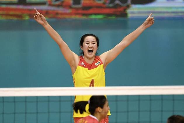 (170608) -- MONTREUX, June 8, 2017 -- China s Wang Huimin celebrates during the Pool A match between China and the Netherlands in 2017 Montreux Volleyball Masters in Montreux, Switzerland, on June 7, 2017. China won 3-2. )(wll) (SP)SWITZERLAND-MONTREUX-VOLLEYBALL-MASTERS-CHN VS NED AlainxGrosclaude 