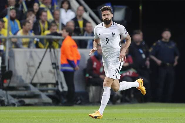 Fußball, WM Quali, Schweden - Frankreich 170609 Frankrikes Olivier Giroud jublar efter 0-1 under fotbollsmatchen i VM-kvalet mellan Sverige och Frankrike den 9 juni 2017 i Stockholm.  Copyright: ANDREASxLxERIKSSON BB170609AE041