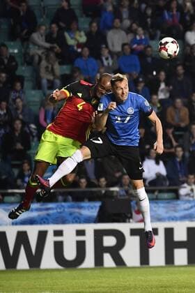 Belgium s Vincent Kompany and Estonia s Siim Luts fight for the ball during a World Cup 2018 qualifying game between Estonia and Belgian national soccer team Red Devils, Friday 09 June 2017, in Tallinn, Estonia. DIRKxWAEM  x05111185x