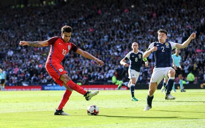 England s Dele Alli fires in a shot during the FIFA World Cup WM Weltmeisterschaft Fussball Qualifying match at Hampden Park Stadium, Glasgow Picture date 10th June 2017. Picture credit should read: David Klein Sportimage EDITORIAL USE ONLY. No use with unauthorised audio, video, data, fixture lists, club league logos or live services. Online in-match use limited to 120 images, no video emulation. No use in betting, games or single club league player publications.