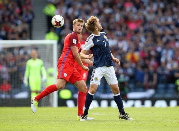Scotland s Stuart Armstrong tuslses with England s Eric Dier during the FIFA World Cup WM Weltmeisterschaft Fussball Qualifying match at Hampden Park Stadium, Glasgow Picture date 10th June 2017. Picture credit should read: David Klein Sportimage EDITORIAL USE ONLY. No use with unauthorised audio, video, data, fixture lists, club league logos or live services. Online in-match use limited to 120 images, no video emulation. No use in betting, games or single club league player publications.